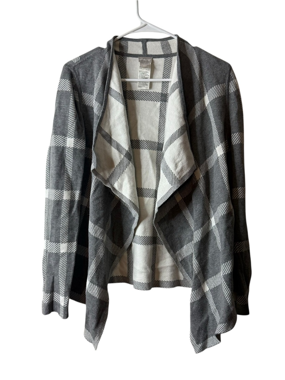 Chicos Gray White Plaid draped cardigan Sweater 1